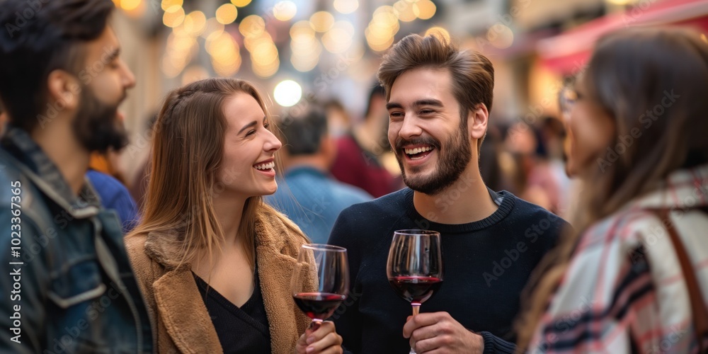 A group of happy people enjoys tasting red wine at the Bordeaux wine festival, celebrating the region's rich viticulture with laughter and conversation under a vibrant atmosphere