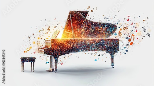 A depiction of a grand piano surrounded by an array of colorful music notes, reflecting themes of creativity, elegance, and the joyful celebration of music. photo