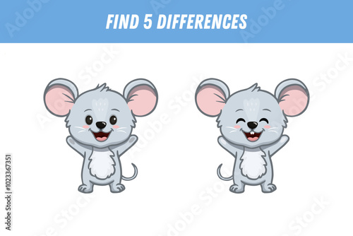 Find five differences between two pictures of a cute mouse. Cartoon mouse. Activity page. Vector illustration