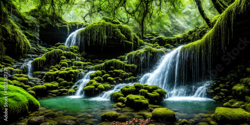 Enchanted Waterfall. A waterfall cascades down moss-covered rocks, revealing a secret grotto behind its veil.