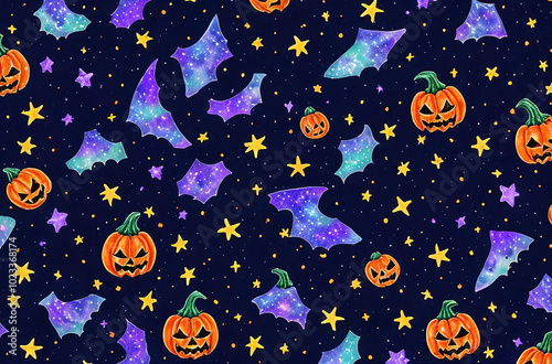Cosmic Halloween. Spooky galaxy background with Halloween motifs