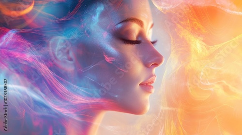 Ethereal Portrait of a Woman Surrounded by Vibrant Abstract Colors and Dreamlike Light Effects