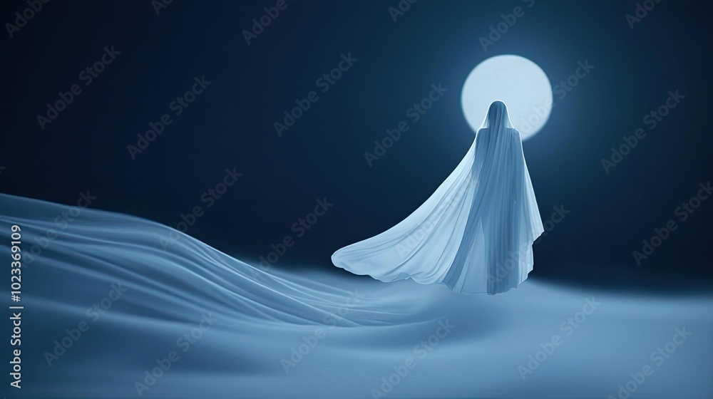A ghostly figure in a flowing robe stands beneath a luminous moon, surrounded by soft, swirling mist in a mysterious landscape. A ghostly figure in a flowing robe stands beneath a luminous moon, surrounded by soft, swirling mist in a mysterious landscape.