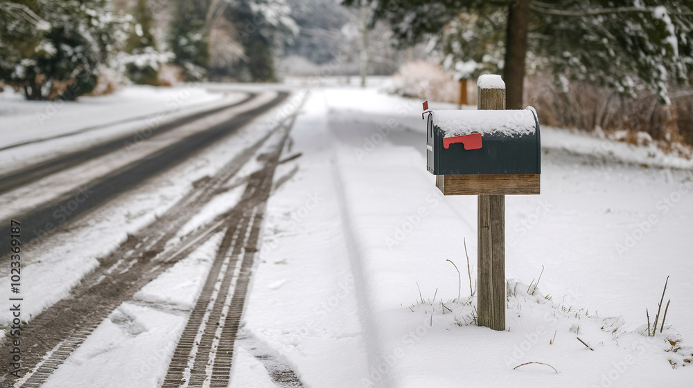 Mailbox in Winter Wonderland with a Calm Mood by a Snowy Road Mailbox in Winter Wonderland with a Calm Mood by a Snowy Road