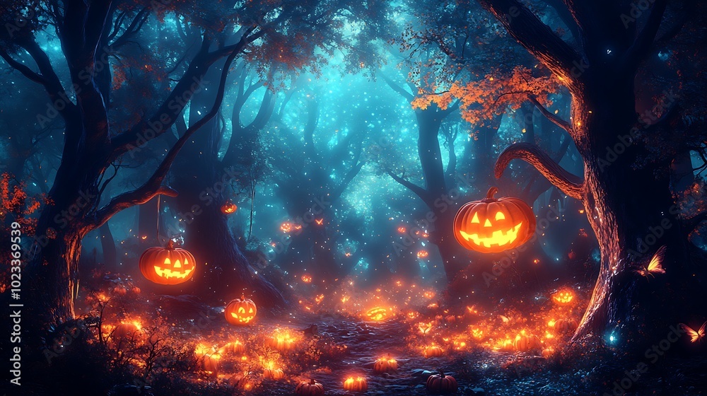 An enchanted forest at night, cartoon style, with glowing pumpkins scattered among the trees. Magical mist swirls around the ground, and tiny fairies with shimmering wings fly around, An enchanted forest at night, cartoon style, with glowing pumpkins scattered among the trees. Magical mist swirls around the ground, and tiny fairies with shimmering wings fly around,
