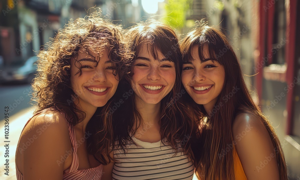 Three women of different ethnicities happily smiling together in a sunny urban street setting Three women of different ethnicities happily smiling together in a sunny urban street setting