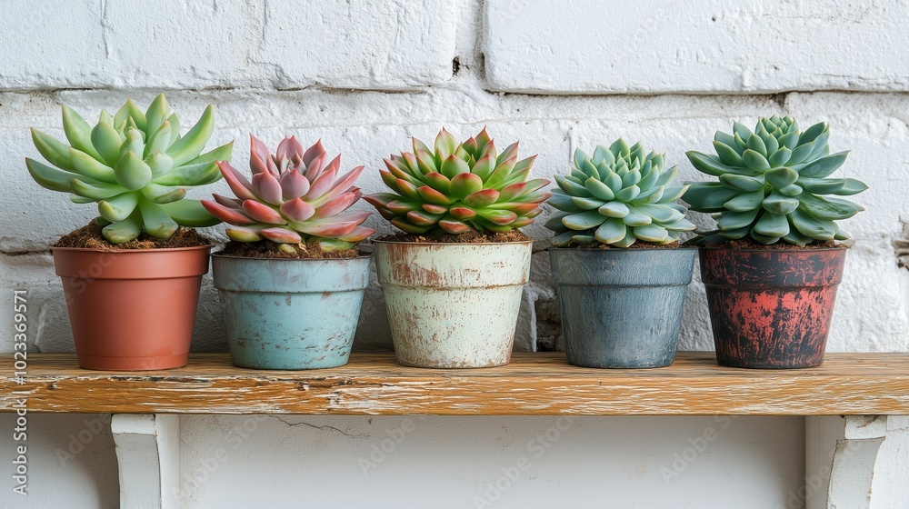 5 succulents in different-colored pots on a rustic shelf against a white brick wall 5 succulents in different-colored pots on a rustic shelf against a white brick wall