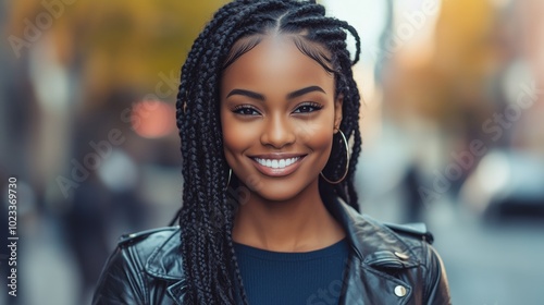 A beautiful Black woman stands on a street in New York City