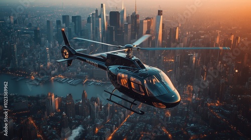 A black helicopter flying over the city, showcasing its sleek design and impressive panoramic view of skyscrapers.