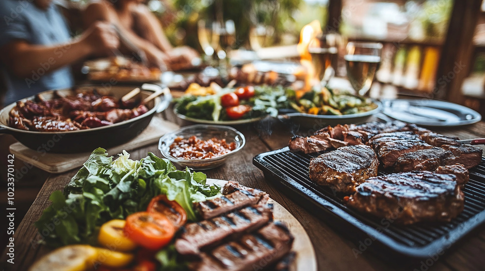 Obraz premium appetizing grilled meat and fresh salads on outdoor dinner table happy people enjoying backyard bbq party