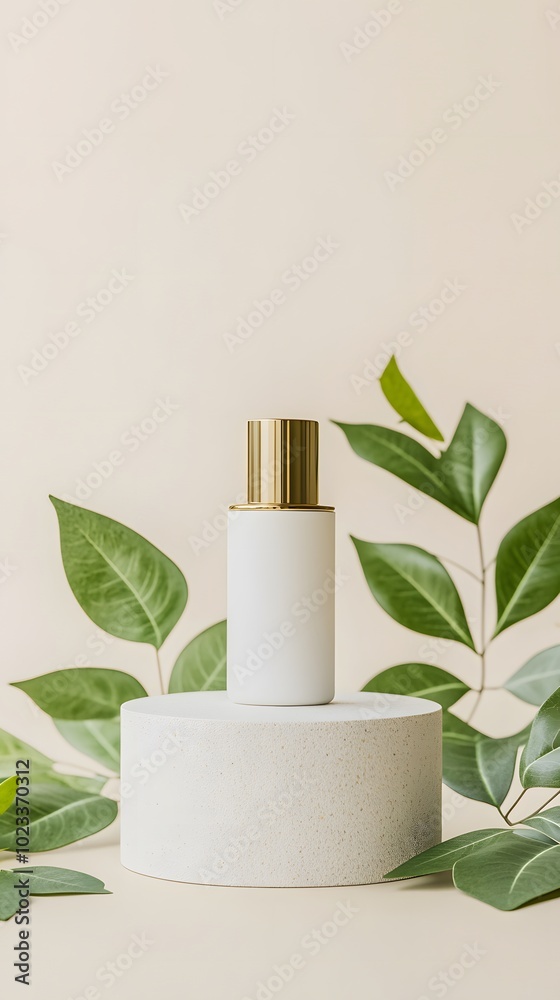 A minimalist skincare product displayed on a pedestal with green leaves. A minimalist skincare product displayed on a pedestal with green leaves.