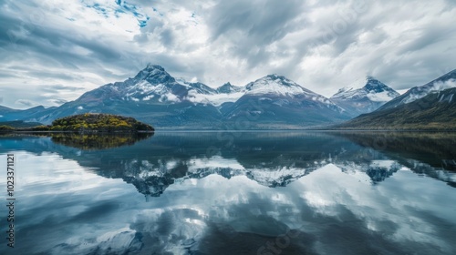 Majestic Fjord Lake with Dramatic Alpine Mountains and Cloudy Sky Reflected in Serene Waters