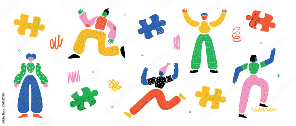 Fototapeta premium A collection of bright trending human characters in motion, doodle design elements, scribbles.