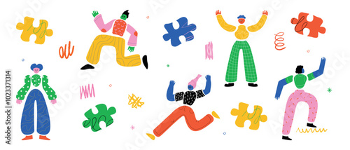 A collection of bright trending human characters in motion, doodle design elements, scribbles.