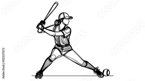 line art illustration female baseball player hitting a ball