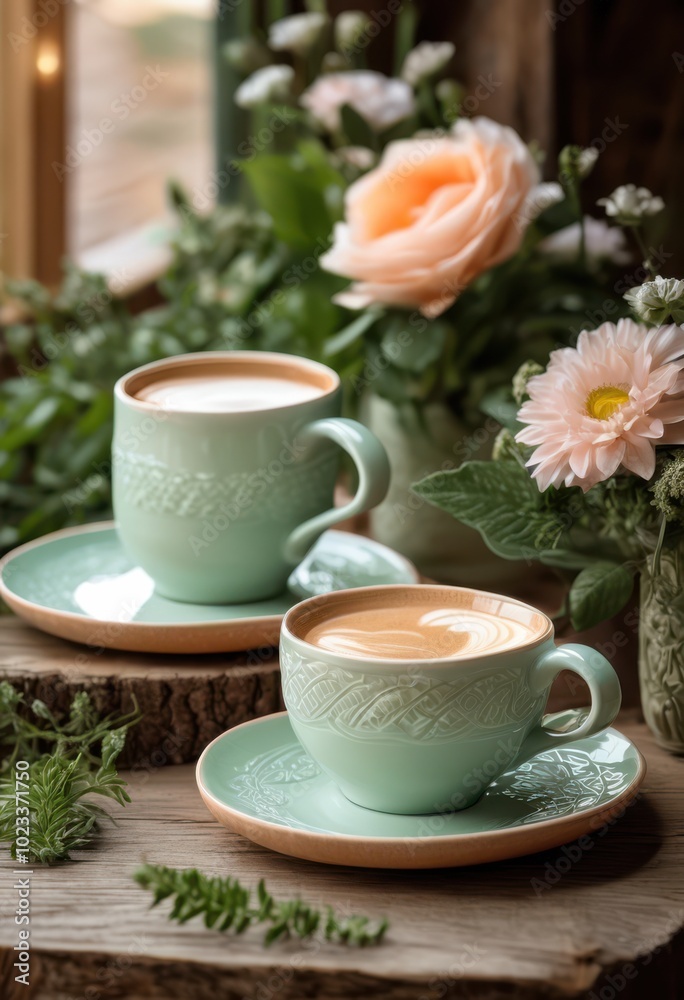 charming pair coffee cups resting rustic wooden table surrounded soft lighting natural elements, aromatic, cozy, setting, handmade, ceramic, warm, textures charming pair coffee cups resting rustic wooden table surrounded soft lighting natural elements, aromatic, cozy, setting, handmade, ceramic, warm, textures
