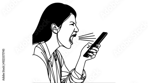 asian woman shouting smartphone line art