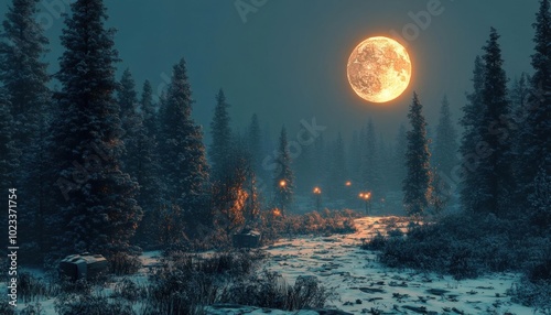 Abandoned Christmas forest, spooky atmosphere, glowing moonlight, 3D illustration,  no blur, photo not dark, everything is clear, copy space