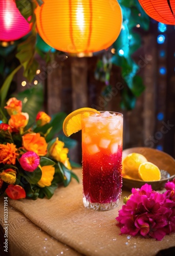 close view refreshing iced drink surrounded bright colors lively capturing summer vibe its vibrant setting, beverage, cocktail, soda, refreshment, fruit