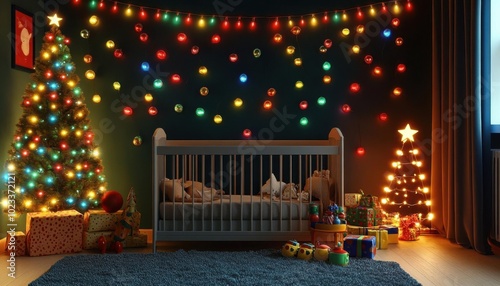 Baby s room with colorful Christmas lights and toys, cheerful holiday theme, 3D illustration,  no blur, photo not dark, everything is clear, copy space photo