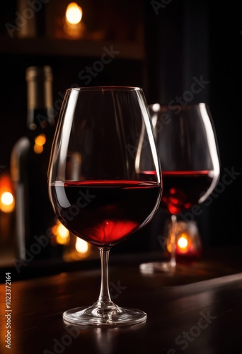 elegant glass red wine resting dark wooden table soft lighting enhancement creating inviting atmosphere, bordeaux, bottle, surface, reflection, drink