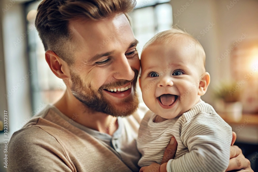 A cute little baby in his father's arms at home. A happy child smiles at the camera. The kid laughs merrily. The concept of the Father's Day holiday. A cute little baby in his father's arms at home. A happy child smiles at the camera. The kid laughs merrily. The concept of the Father's Day holiday.