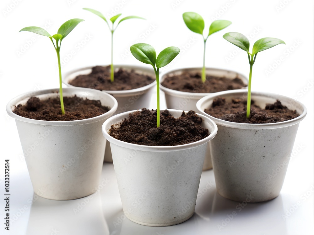 Seedlings in cups on white background Seedlings in cups on white background
