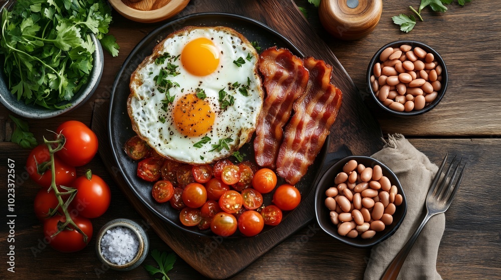A rustic breakfast spread featuring eggs, bacon, and sausages on an old wooden table with coffee mugs, beans in small bowls, fresh tomatoes and herbs, a vintage fork nearby A rustic breakfast spread featuring eggs, bacon, and sausages on an old wooden table with coffee mugs, beans in small bowls, fresh tomatoes and herbs, a vintage fork nearby