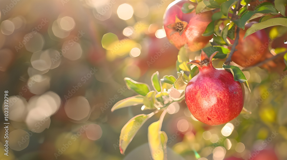 Ripe pomegranates growing on a tree branch in warm sunlight. Harvest time at the orchard, fresh fruit, healthy eating concepts. Ripe pomegranates growing on a tree branch in warm sunlight. Harvest time at the orchard, fresh fruit, healthy eating concepts.