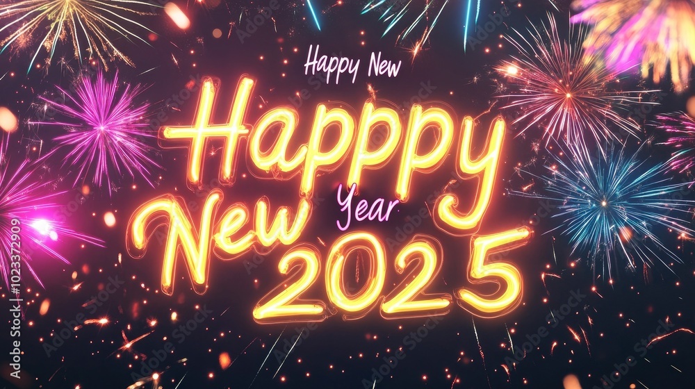 Happy New Year 2025 in bright yellow neon, set against a backdrop of colorful fireworks and stars. Happy New Year 2025 in bright yellow neon, set against a backdrop of colorful fireworks and stars.