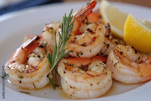 Grilled Shrimp Seasoned With Herbs and Served With Lemon Wedges on a White Plate