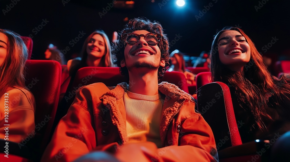 Cinematic Experience - People Watching a Movie in a Theater, Immersive Atmosphere with Big Screen, Popcorn, and Engaged Audience Enjoying Film Cinematic Experience - People Watching a Movie in a Theater, Immersive Atmosphere with Big Screen, Popcorn, and Engaged Audience Enjoying Film