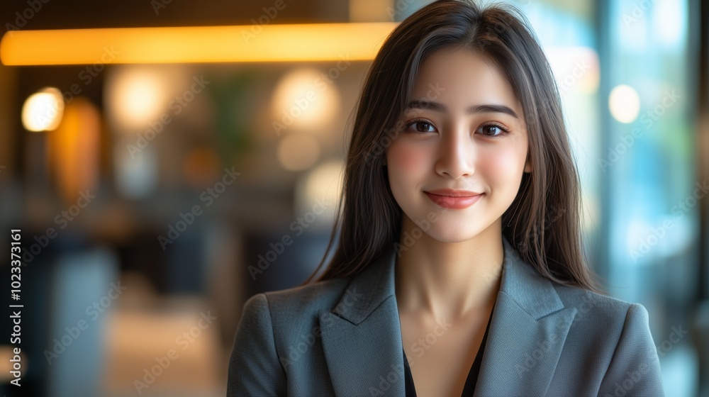 A young and pretty Indonesian woman wearing a suit is smiling at the camera A young and pretty Indonesian woman wearing a suit is smiling at the camera