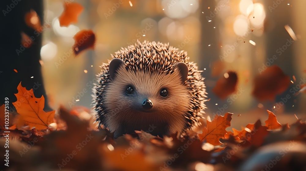 Cute hedgehog in the forest, autumn leaves Cute hedgehog in the forest, autumn leaves
