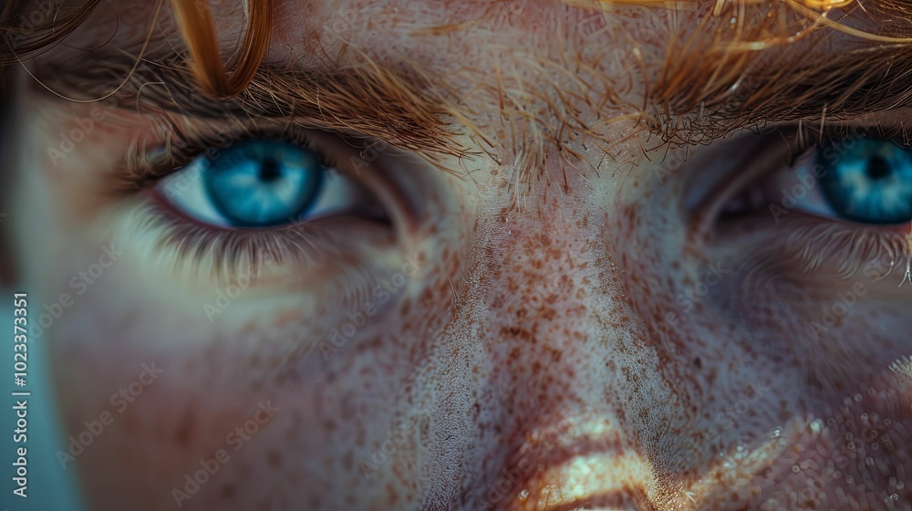 Close-up of a Freckled Face with Blue Eyes Close-up of a Freckled Face with Blue Eyes
