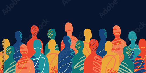 A crowd of abstract multicolored silhouettes of people made in the collage style. A metaphor of unity and partnership.