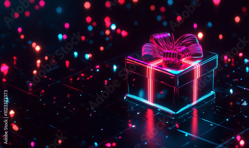 Glowing gift box in neon style on a black background with bokeh neon lights. Copy space for banner. Cyber Monday, Black Friday and Christmas.