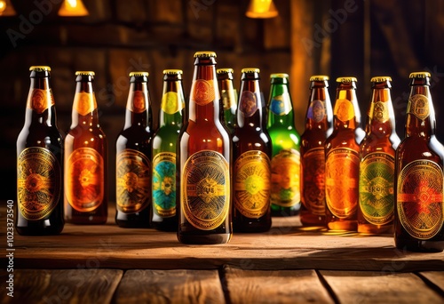 vibrant craft beer bottles decorated hops colorful labels showcasing artful beverage presentation, artisan, drink, design, packaging, style, alcohol