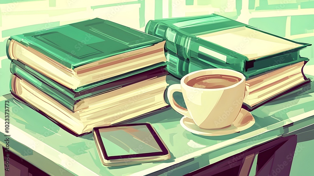 Detailed 3D of a school desk setup with a cup of coffee tablet device and stack of textbooks representing a late night study session for a student or academic working diligently Detailed 3D of a school desk setup with a cup of coffee tablet device and stack of textbooks representing a late night study session for a student or academic working diligently