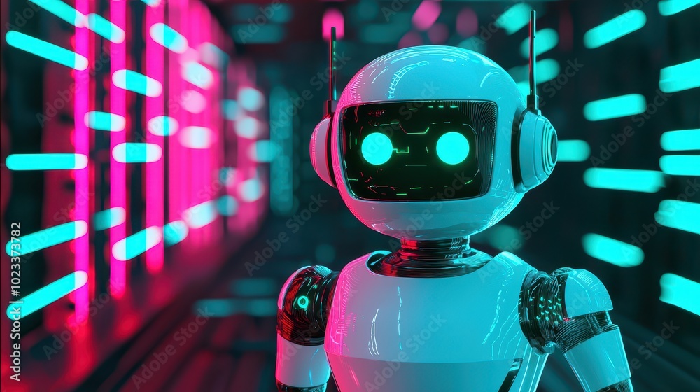 A robot with glowing blue eyes stands in a neon-lit corridor, showcasing a futuristic aesthetic. A robot with glowing blue eyes stands in a neon-lit corridor, showcasing a futuristic aesthetic.