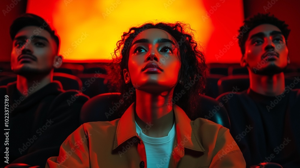 Cinematic Experience - People Watching a Movie in a Theater, Immersive Atmosphere with Big Screen, Popcorn, and Engaged Audience Enjoying Film Cinematic Experience - People Watching a Movie in a Theater, Immersive Atmosphere with Big Screen, Popcorn, and Engaged Audience Enjoying Film