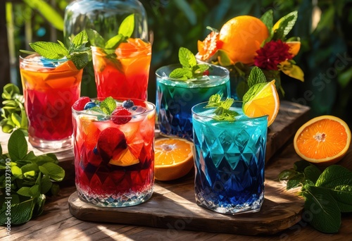 colorful beverage pairings artfully present rustic wooden table surrounded natural elements decor, drink, cocktail, mocktail, refreshment, fruit, garnish