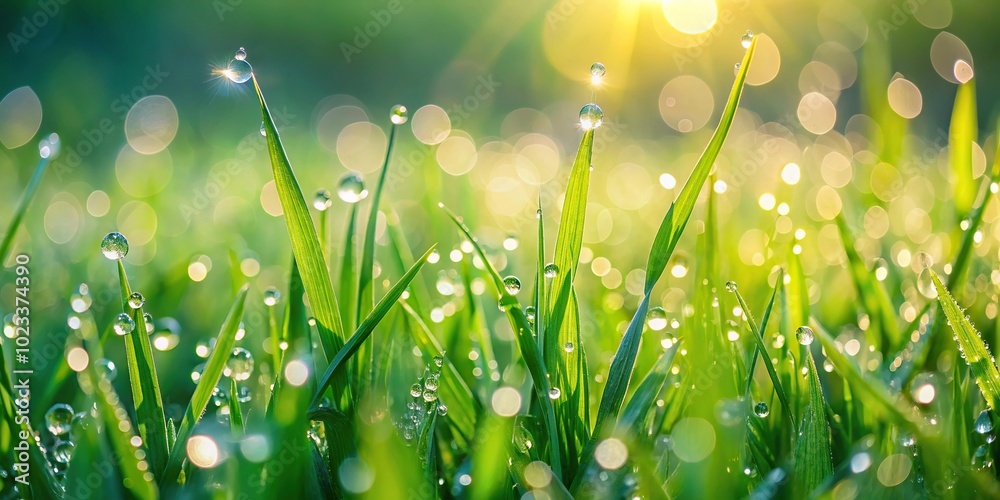 Fototapeta premium Green grass with dew drops in morning light, shallow depth of field, asymmetrical
