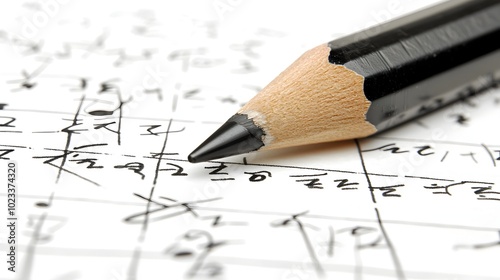 Pencil sketching a math equation on a sheet of paper showcasing the creative and intellectual process of academic learning and problem solving through a 3D digital