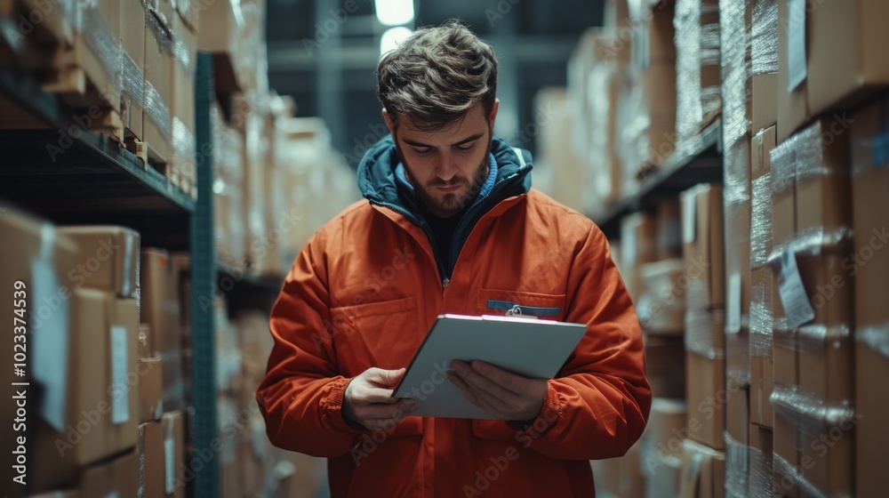 A man in an orange jacket is looking at a clipboard in a warehouse A man in an orange jacket is looking at a clipboard in a warehouse