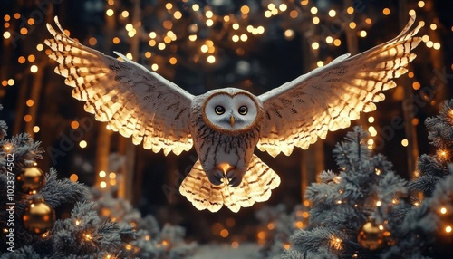 Mythical owl soaring above a Christmaslit forest, glowing decorations, 3D illustration,  no blur, photo not dark, everything is clear, copy space photo