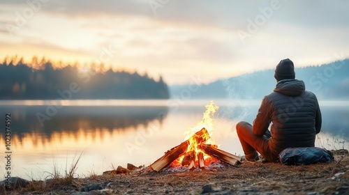 Fototapeta Naklejka Na Ścianę i Meble -  Person relaxing by campfire near serene lake at sunrise, peaceful outdoor retreat.