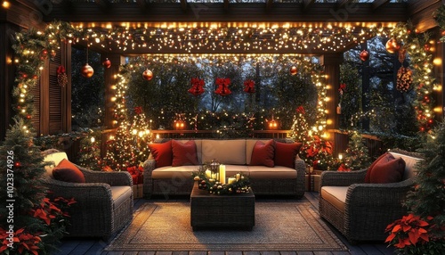 Patio with outdoor Christmas decor, lights, and festive seating, 3D illustration,  no blur, photo not dark, everything is clear, copy space