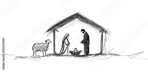 A simple black and white sketch of the nativity scene
