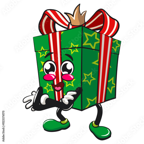 green gift box cartoon character and stars pattern with a red ribbon isolated vector illustration crowned like a king while folding his arms calmly, the concept of birthday, Christmas, new year